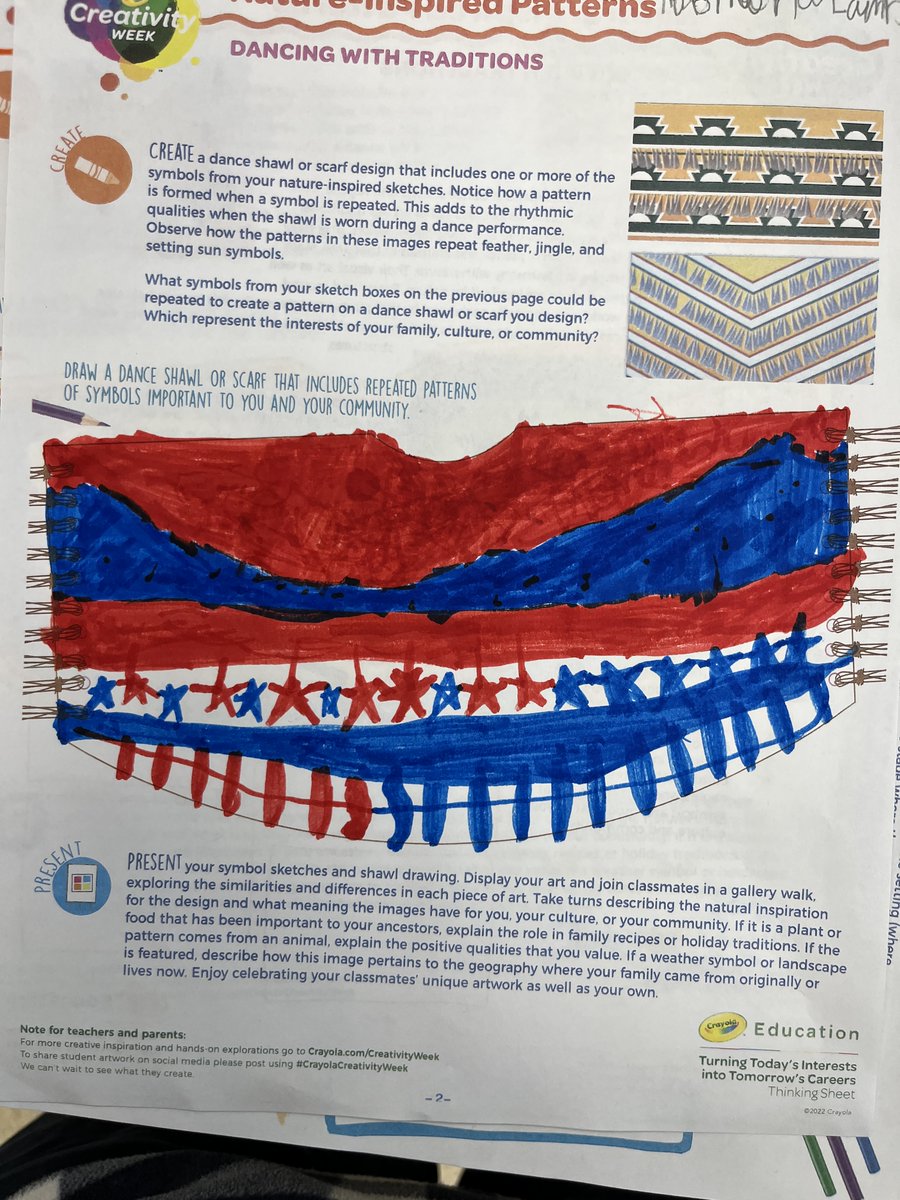 MrsSievers4's tweet photo. 4SE's Creativity Week Day #3:  We listened to Ria Thundercloud read her book Finding My Dance and created our own dance shawl @Komensky_Lions 
 #d100inspires #CrayolaCreativityWeek https://t.co/vH1BEGBoEI
