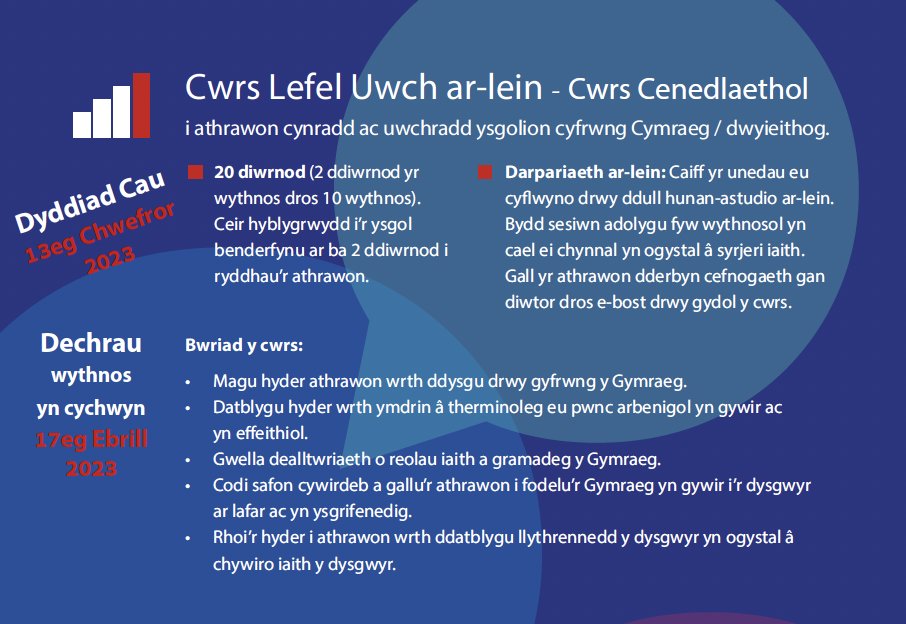 rhagoriaith's tweet photo. Dyma gyrsiau @cynllunsabothol ry' ni'n cynnig ar hyn o bryd? Cyrsiau i athrawon a chynorthwywyr, Cynradd ac Uwchradd - Lefel Canolradd ac Uwch.
Pa un sy'n addas i chi?
Dyddiad Cau: Chwefror 13eg
Dechrau: Wythnos yn cychwyn 17eg Ebrill
Cysylltwch: rhagoriaith@pcydds.ac.uk #yagym https://t.co/LOIvIUPqyG