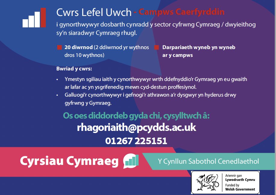 rhagoriaith's tweet photo. Dyma gyrsiau @cynllunsabothol ry' ni'n cynnig ar hyn o bryd? Cyrsiau i athrawon a chynorthwywyr, Cynradd ac Uwchradd - Lefel Canolradd ac Uwch.
Pa un sy'n addas i chi?
Dyddiad Cau: Chwefror 13eg
Dechrau: Wythnos yn cychwyn 17eg Ebrill
Cysylltwch: rhagoriaith@pcydds.ac.uk #yagym https://t.co/LOIvIUPqyG
