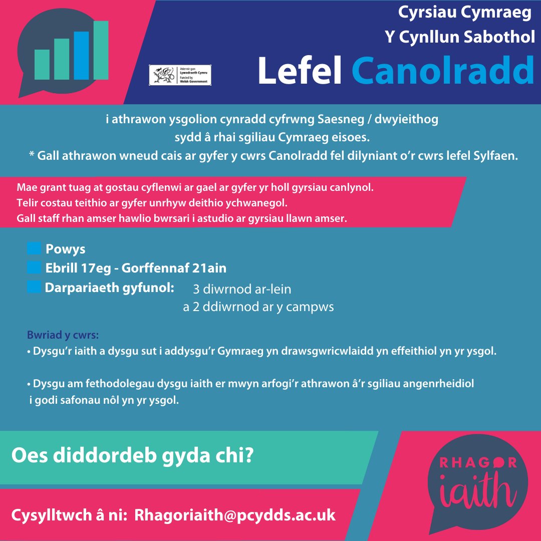 Rhagoriaith (@rhagoriaith) on Twitter photo Dyma gyrsiau <a href="/cynllunsabothol/">Cynllun Sabothol</a> ry' ni'n cynnig ar hyn o bryd? Cyrsiau i athrawon a chynorthwywyr, Cynradd ac Uwchradd - Lefel Canolradd ac Uwch.
Pa un sy'n addas i chi?
Dyddiad Cau: Chwefror 13eg
Dechrau: Wythnos yn cychwyn 17eg Ebrill
Cysylltwch: rhagoriaith@pcydds.ac.uk #yagym Dyma gyrsiau <a href="/cynllunsabothol/">Cynllun Sabothol</a> ry' ni'n cynnig ar hyn o bryd? Cyrsiau i athrawon a chynorthwywyr, Cynradd ac Uwchradd - Lefel Canolradd ac Uwch.
Pa un sy'n addas i chi?
Dyddiad Cau: Chwefror 13eg
Dechrau: Wythnos yn cychwyn 17eg Ebrill
Cysylltwch: rhagoriaith@pcydds.ac.uk #yagym