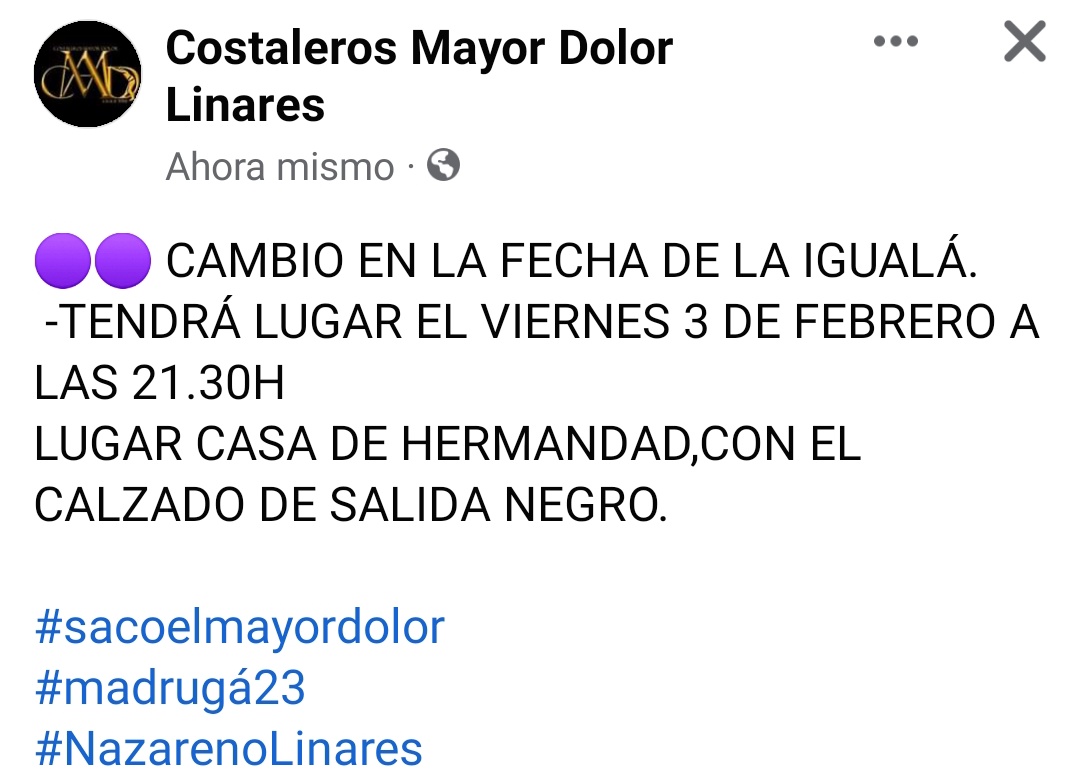 🟣 Cambio de fecha para la Igualá de cuadrilla costaleros y aspirantes. #SacoelMayorDolor #NazarenoLinares #Madrugá23