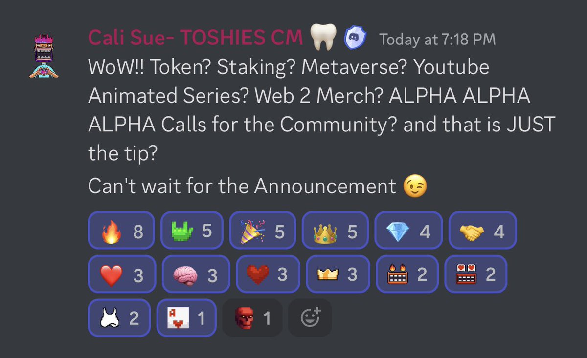 0xzacy's tweet photo. Very excited to be apart of @ToshiesByChuck. With trusted founders &amp; great community, im looking forward for the reveal and beyond. This is a little leak from discord (was talked about in spaces). How can you not be bullish?

Finally a team that put in effort &amp; professionalism👀 https://t.co/fZt4MmXpnz