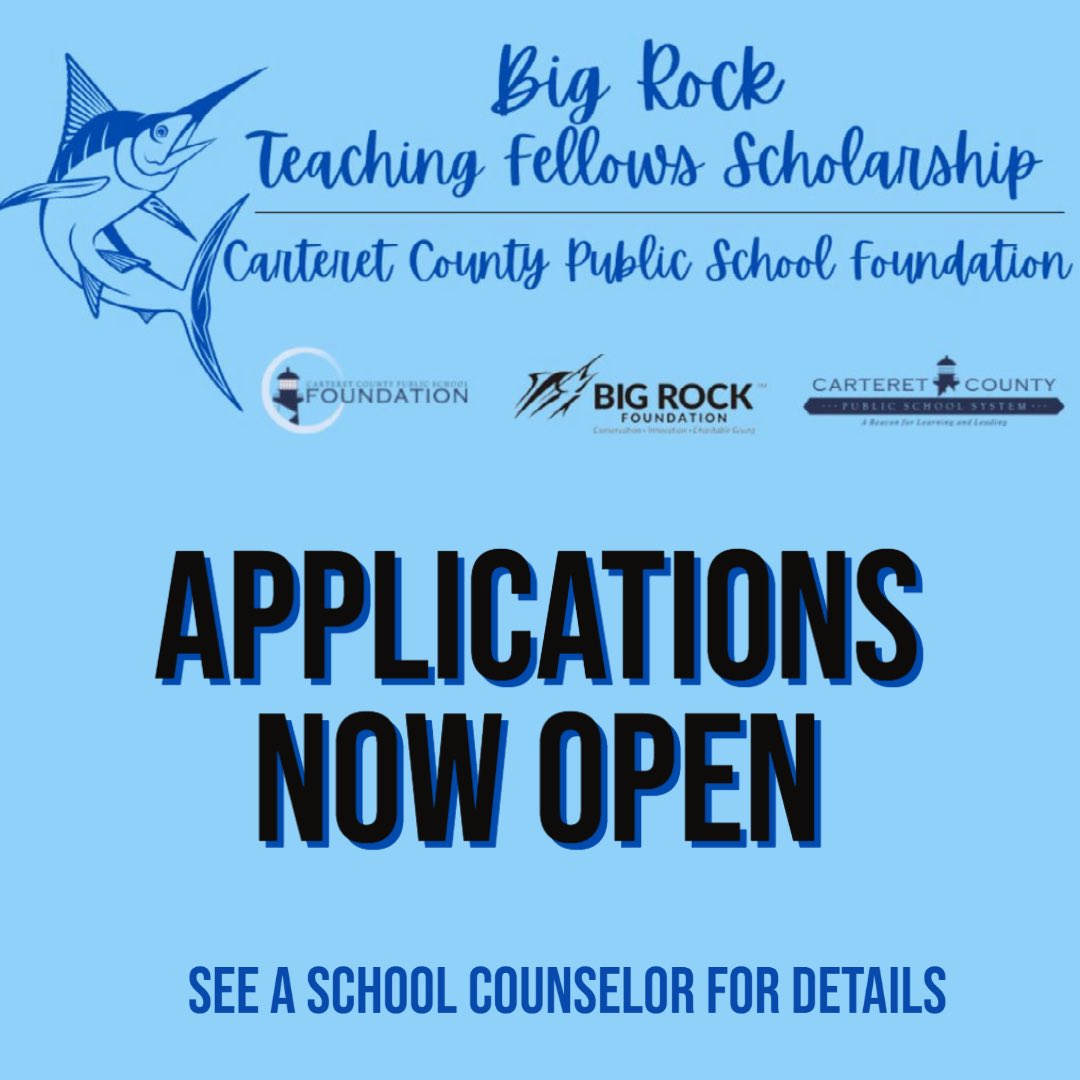 Class of 2023 Seniors- Interested in becoming a teacher and serving in Carteret County? Apply for the Big Rock Teaching Fellows Scholarship by March 17th. Click here for an application and complete program overview: bit.ly/BRTFApp2023 Got questions? See your school counselor