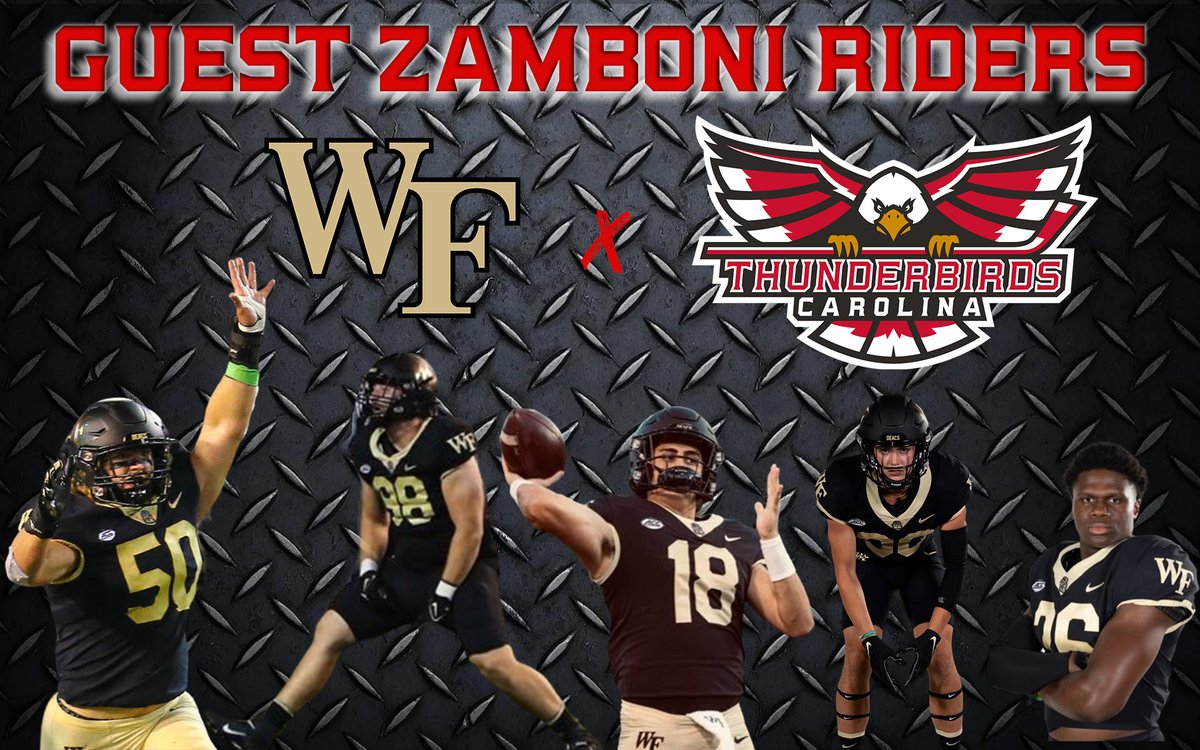 TCThunderbirds's tweet photo. Friday Night's College Night just got even better! @WakeFB players Dylan Hazen, Wyatt Crespi, Santino Marucci, Trent Nicholson, Quincy Bryant and Will Cobb will join us as guest zamboni riders around the Annex ice after the first period! https://t.co/0locDrNnJw