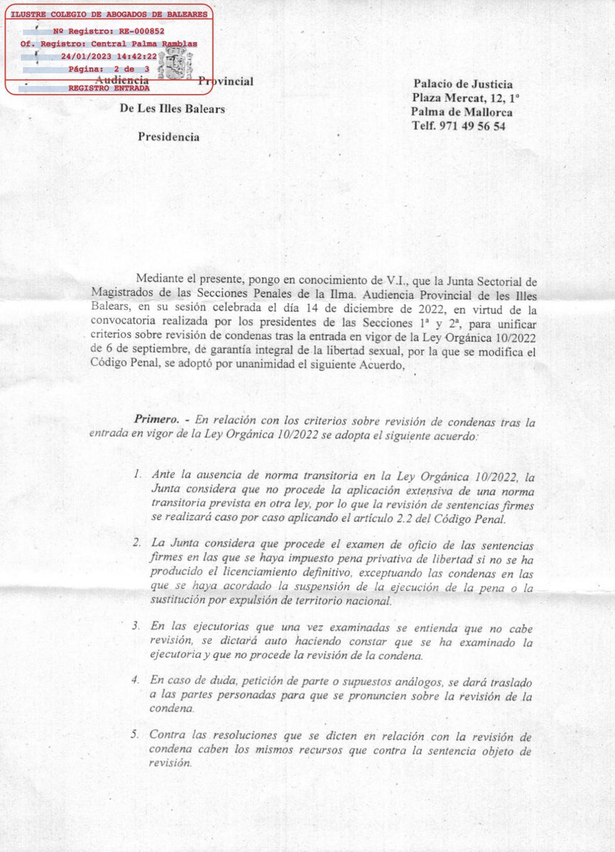 icaib's tweet photo. 📃 Acuerdo de la Junta Sectorial de Magistrados de las Secciones Penales de la Audiencia Provincial de les Illes Baleares sobre unificación de criterios en relación a la revisión de condenas tras la entrada en vigor de la Ley 10/2022, de garantía integral de la libertad sexual. https://t.co/nKrn8jAER1