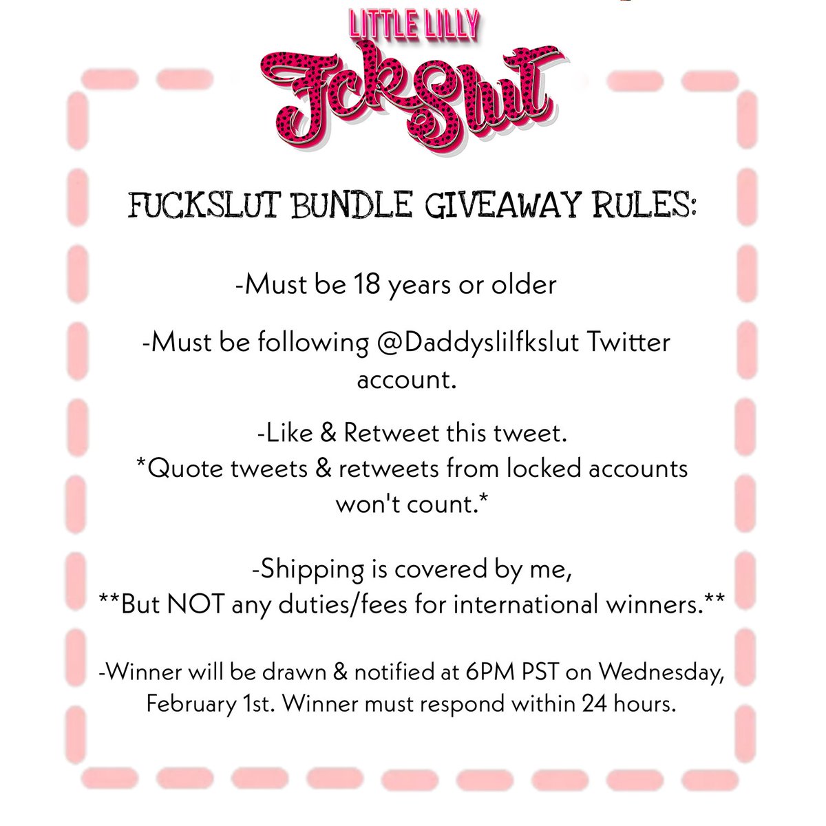 Daddyslilfkslut's tweet photo. 🎉Littlefuckslut Giveaway Bundle🎉

Here's what you'll win:
Crochet buttplug made by yours truly, Sticker, &amp; 1 month free promo code to my Fansly or JustforFans💗

⭐️ Read ALL the Rules
⭐ Follow me
⭐ Like &amp; Retweet this post

Giveaway closes at 6pm PST on February 1st. https://t.co/XRkhfEJA1L