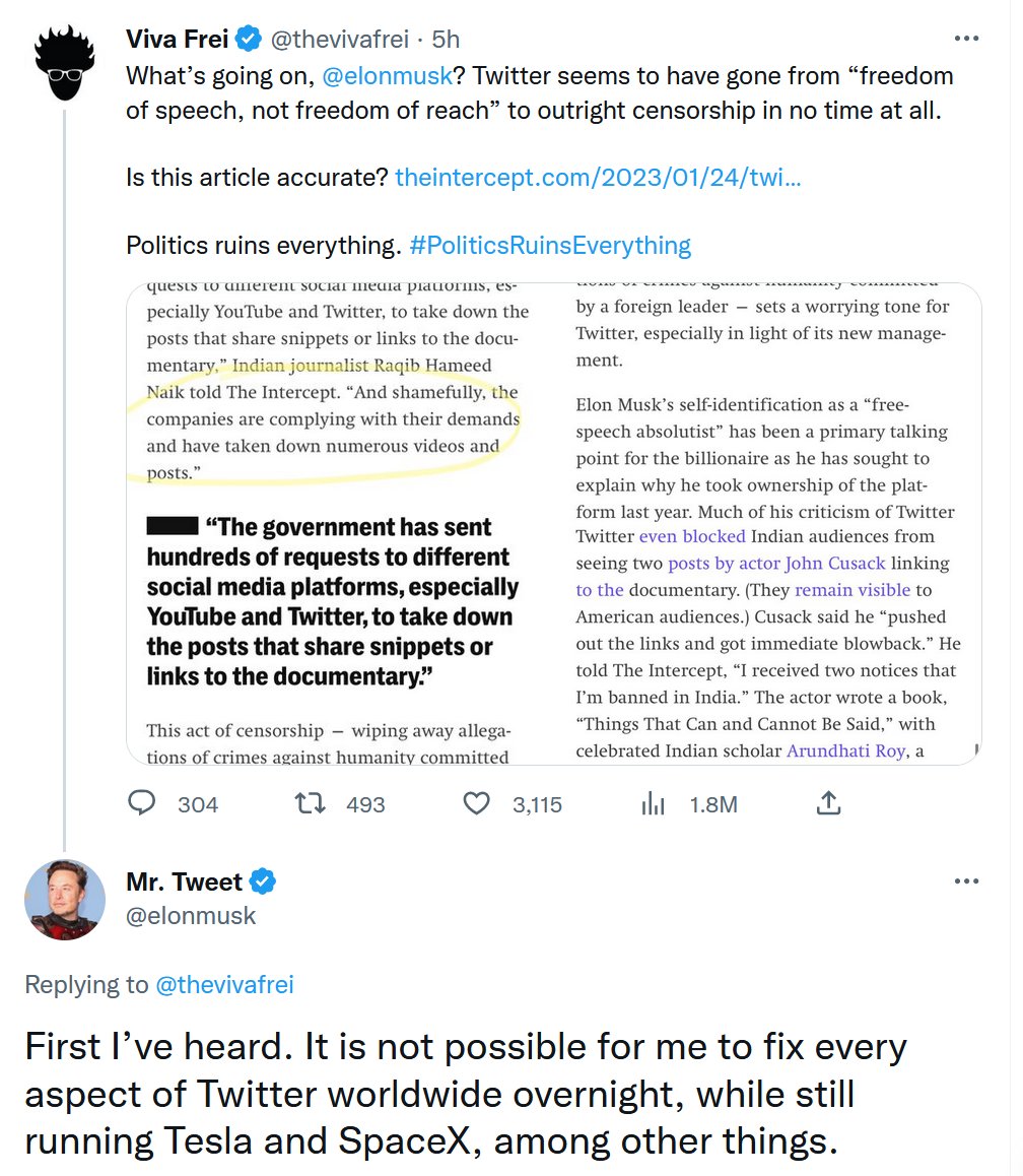 LemieuxLGM's tweet photo. Cat Turd Two: "My pageviews are down 3%, I demand an invetigation into the vast conspiracy against my tweets"
Elon: On it right away sir!

User: "why are you censoring an anti-Modi documentary at his behest?"
Elon: "I do not pay attention to what happens at...Twitter, was it?" https://t.co/LD9YodZJqH