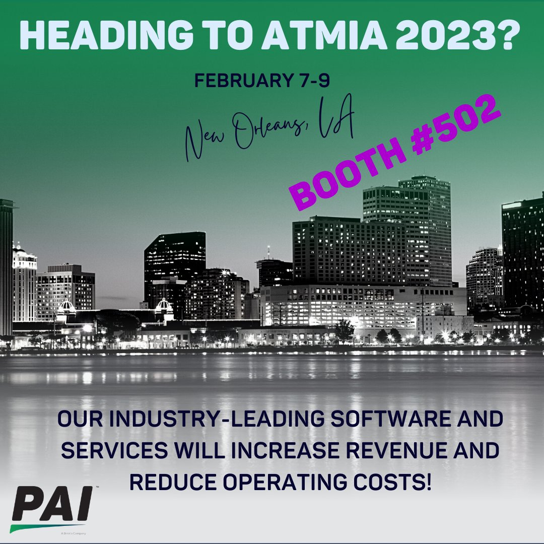 PAI_ATM's tweet photo. Do you have plans for the week of Feb. 7th? Interested in partnering with the best in ATM portfolio management?

Come see us at this year's @ATM_Industry show in #NewOrleans! 

#PAI #ATM #cash #money #finance #business #NewOrleans #Louisiana #expo #ATMIA #tradeshow #convention https://t.co/VqvI2ARldf