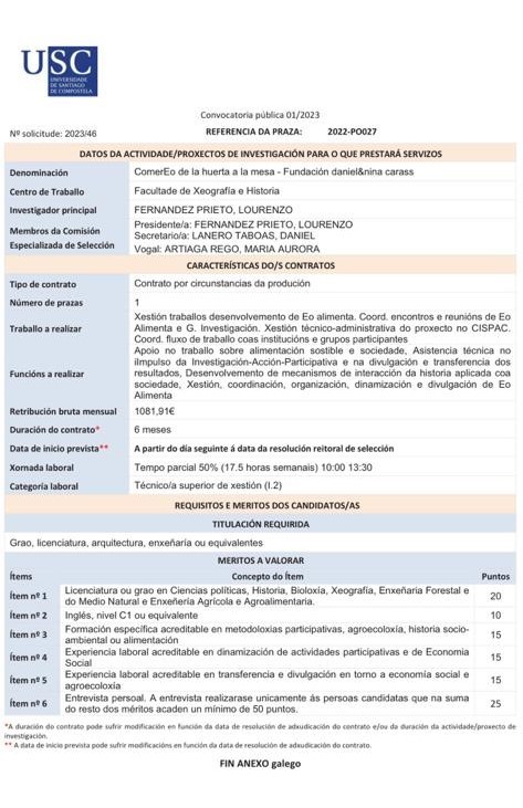 📣Convocada a praza de investigación no marco do proxecto "ComerEo" da Universidade de Santiago de Compostela. 
📌Duración do contrato: 6 meses (prorrogables)
📌Xornada a tempo parcial
📎Máis info no seguinte enlace: imaisd.usc.es/ftp/oit/docume…
