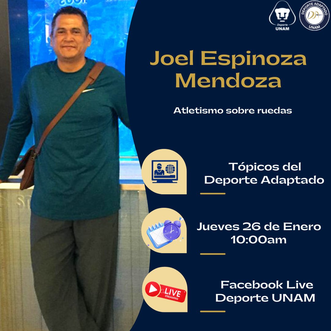 DAdaptadoUNAM's tweet photo. ⚠️👩🏻‍🦯👨🏻‍🦽 Tópicos del Deporte presenta: "Atletismo sobre ruedas" 👩🏻‍🦽👨🏻‍🦽

📆  Jueves 26 de Enero 2022
⏰ 10:00 horas 🇲🇽 

👉 Facebook Live de @DeporteUNAM

#UNAM #DeporteAdaptado #DeporteAdaptadoUNAM 
#OrgulloADAUNAM
#SoyDeporteUNAM https://t.co/EXzeOeiNk8