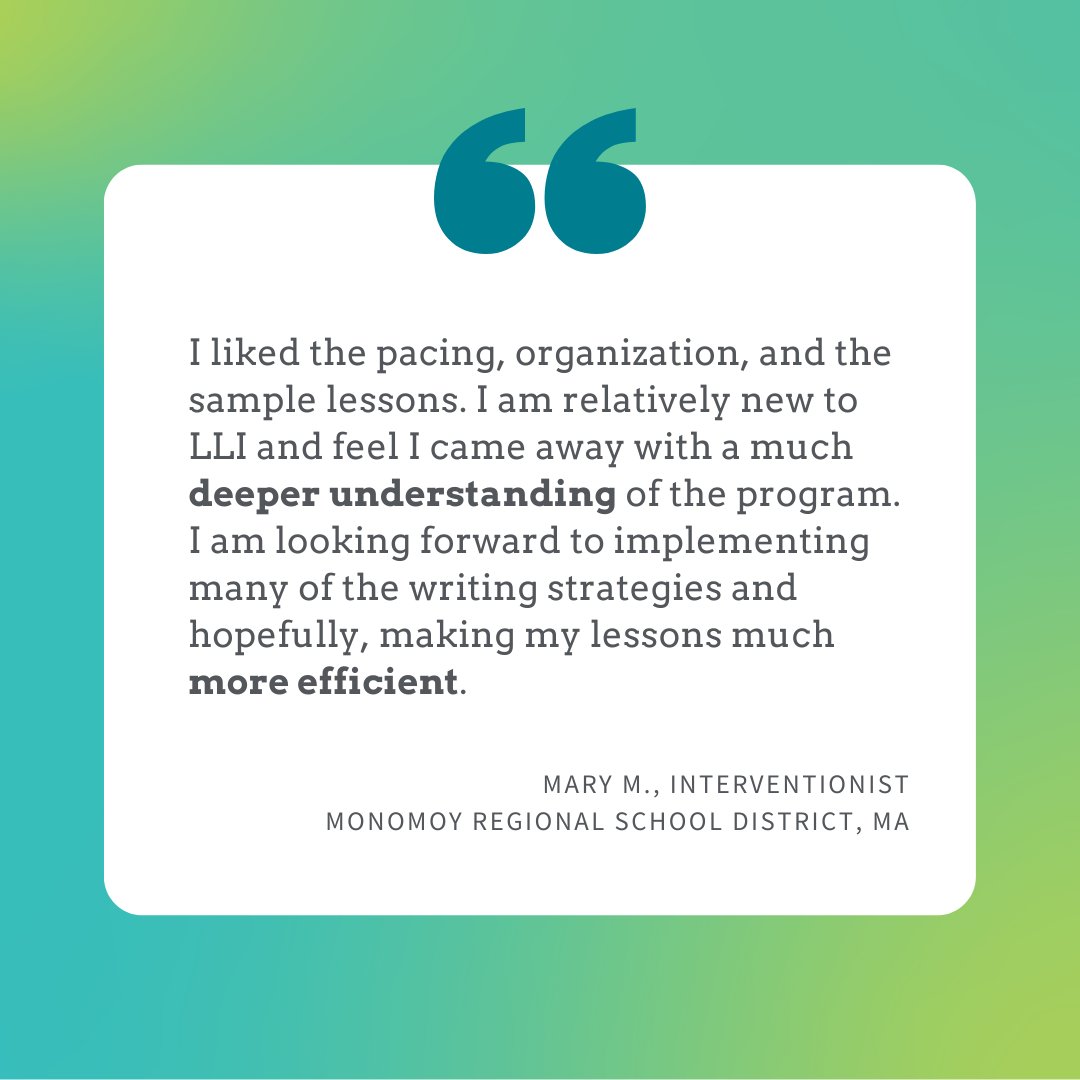 CTRLIT_Teaching's tweet image. Thanks Mary for sharing your experience attending our #LeveledLiteracyIntervention training! In this 6-day training, learn how to use the LLI systems to provide intensive instruction to small groups of readers and writers. Training starts Feb 1.

Register: crrlc.lesley.edu/pd