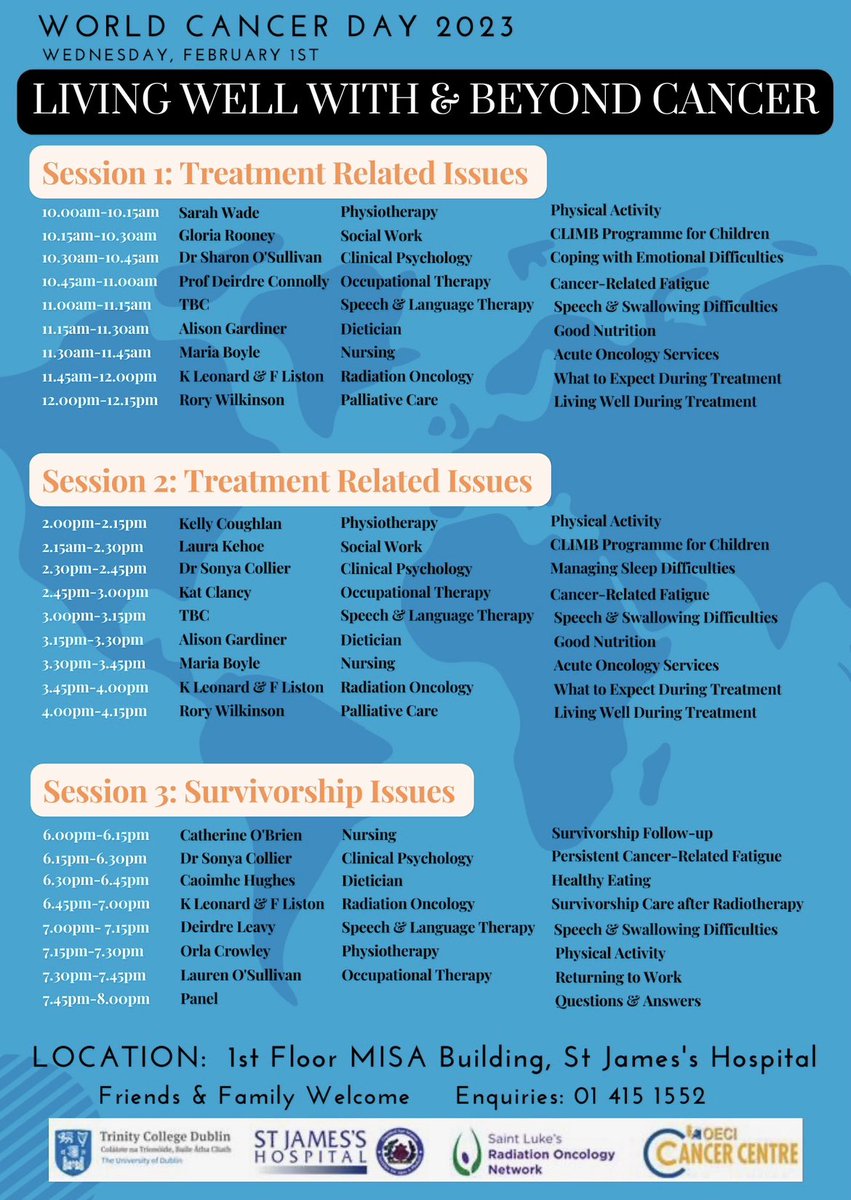 Great line up of expert speakers at the @CancerInstIRE @stjamesdublin World Cancer Day Education Sessions next Wednesday 1st February.  Looking forward to seeing you there #Sjh #HSCP #PsychoOncology