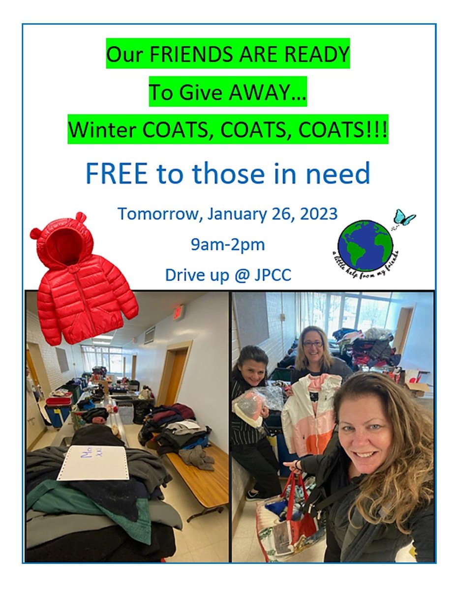 TownCouncilPete's tweet photo. If you or someone you know is in need of a winter coat - A Little Help from My Friends is sponsoring a Winter Coat Distribution from 9am-2pm tomorrow ( 1/26/23 ) at Pettibone - Drive up to the front entrance for pick up!  #NewMilfordCT https://t.co/BPyhRDOwy5