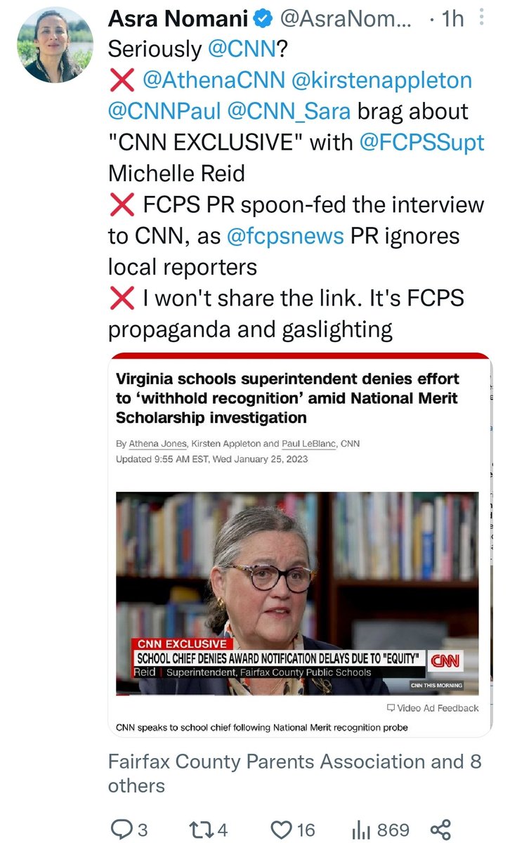 v_theclash's tweet photo. #PairedTweets that tickle me:
1) "Sure, we harassed and screamed at them for 3 years, but it was THEIR own fault."
- #FfxParentsAss/OpenFCPS

2) "Don't look at this CNN report bc it might poke holes in my 'Equity v Merit' fable."
- #AsraNomani, HER narrative trumps the truth https://t.co/O2ffqQysW8