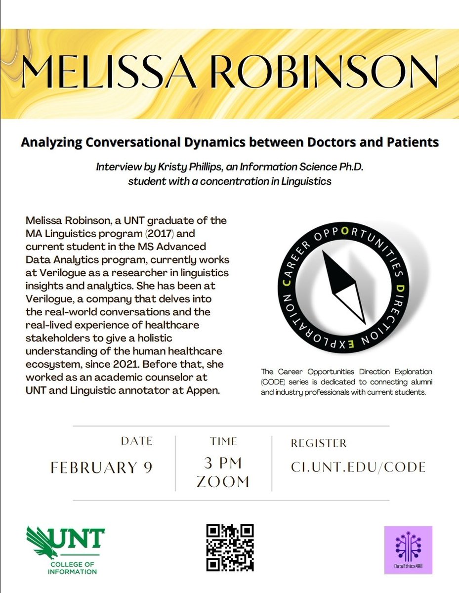 unt_slant's tweet photo. Come to the next event in the Career Opportunities Direction Exploration (CODE) series 'Analyzing Conversational Dynamics between Doctors and Patients' by Melissa Robinson, a graduate of the UNT Linguistics masters program and researcher at Verilogue! https://t.co/2sTW3Qirl5