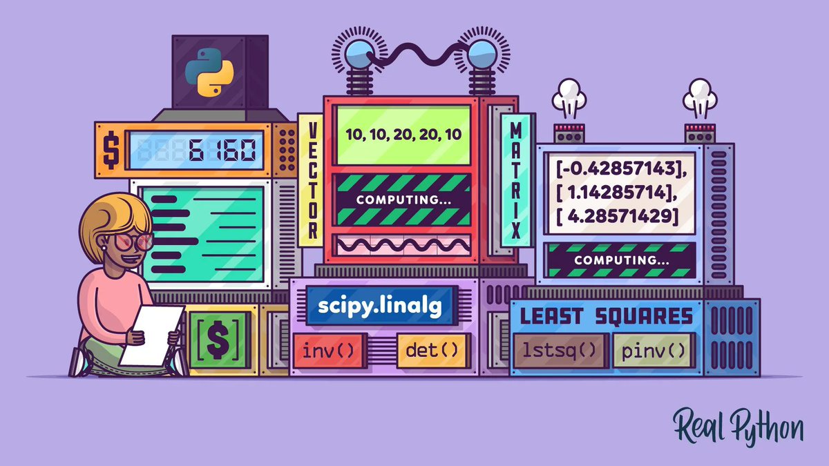 realpython's tweet image. 🐍📰 Linear Algebra in Python: Matrix Inverses and Least Squares
In this tutorial, you'll work with linear algebra in Python. You'll learn to perform computations on matrices and vectors, how to study linear systems and solve them using matrix inverses.
realpython.com/python-linear-…
