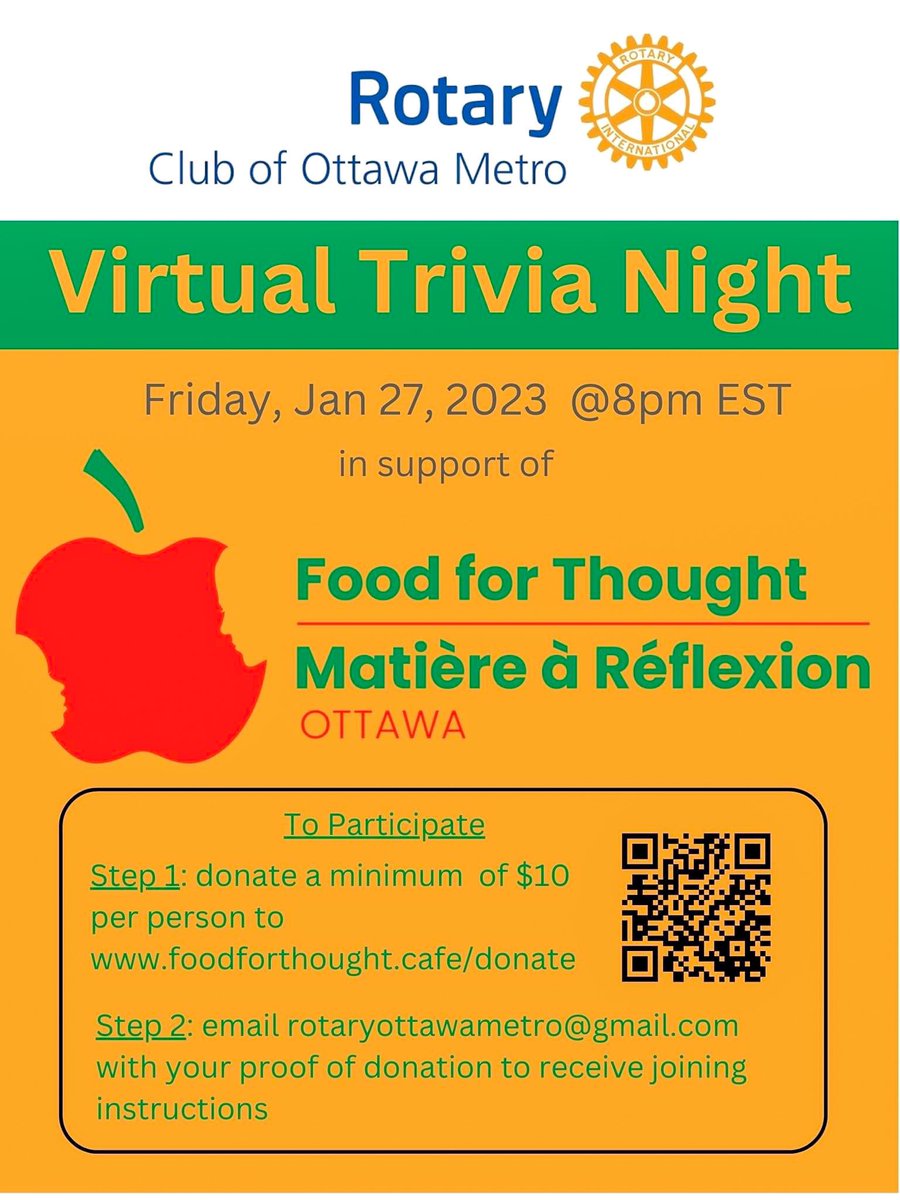 Food4Ottawa's tweet photo. Join us virtually online Friday, January 27th, 2023, at 8PM in support of Food for Thought! Please follow STEPS 1 &amp; 2 to receive your joining instructions to The Rotary Club of Ottawa’s Virtual Trivia Night! 

https://t.co/uSG56fWi1r

@rotaryottawamet #ottawa #fundraiser https://t.co/OSt6GemGHl