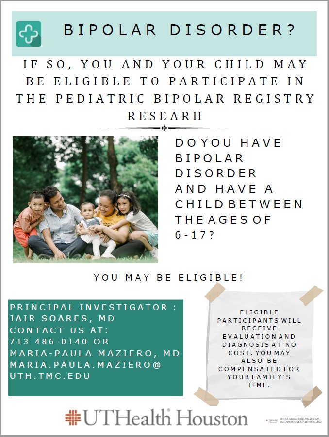 uthpsychiatry's tweet image. You may be eligible to participate in this study! Contact us at 713-486-0140, or the email listed on the post. #uthealthhouston #mentalhealth #bipolardisoder #psychiatry