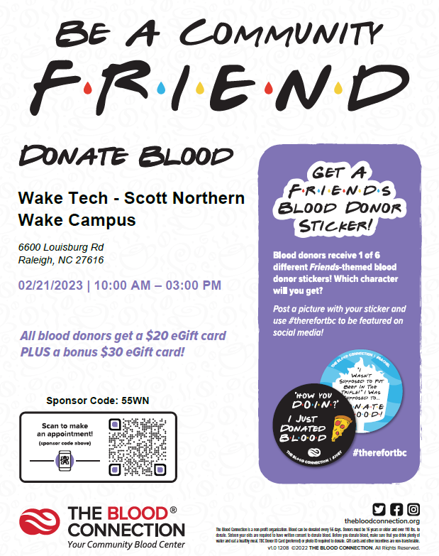WakeTechSGA's tweet photo. Give blood &amp; give life! We need you! The @BloodConnection is coming to Northern Wake (Near Bldg D) to support local hospitals! RSVP your space TODAY. 

@wtccstudents, As a special thanks for this event, donors will receive $50 worth of egift cards! https://t.co/BFlmRUQl6H