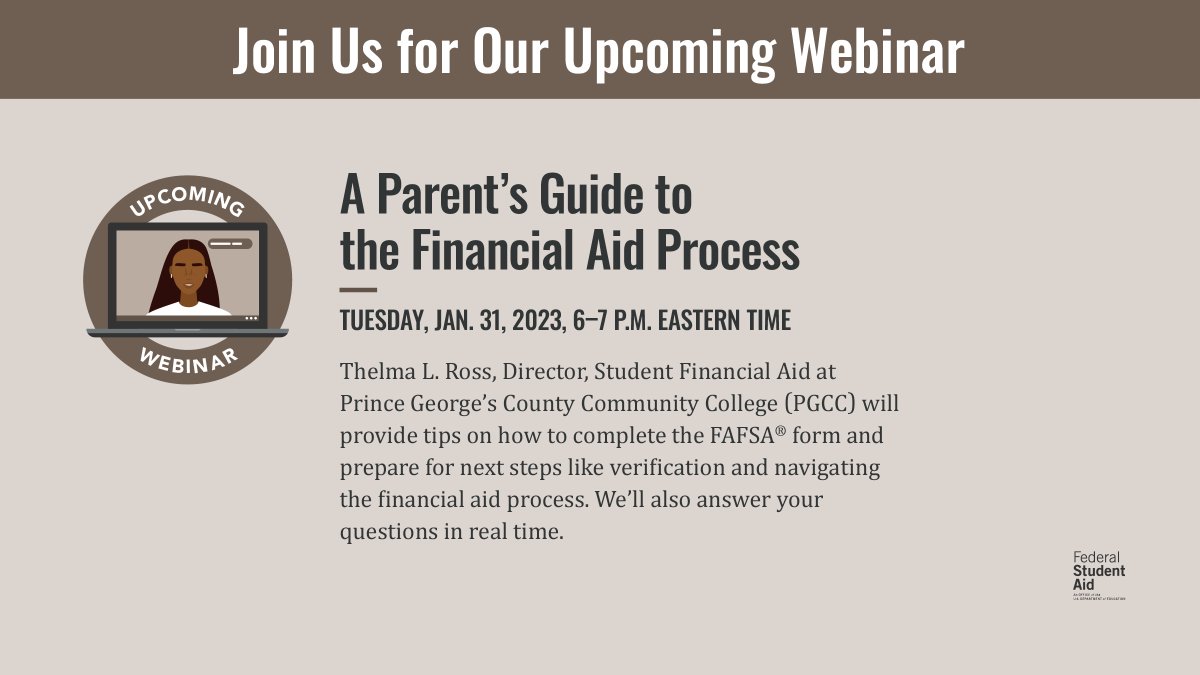 Do you want tips on how to complete the FAFSA® form? Want to know how you can prepare for what happens after you submit the form? Get the details in our upcoming webinar: …ntsGuideToFinancialAid.eventbrite.com