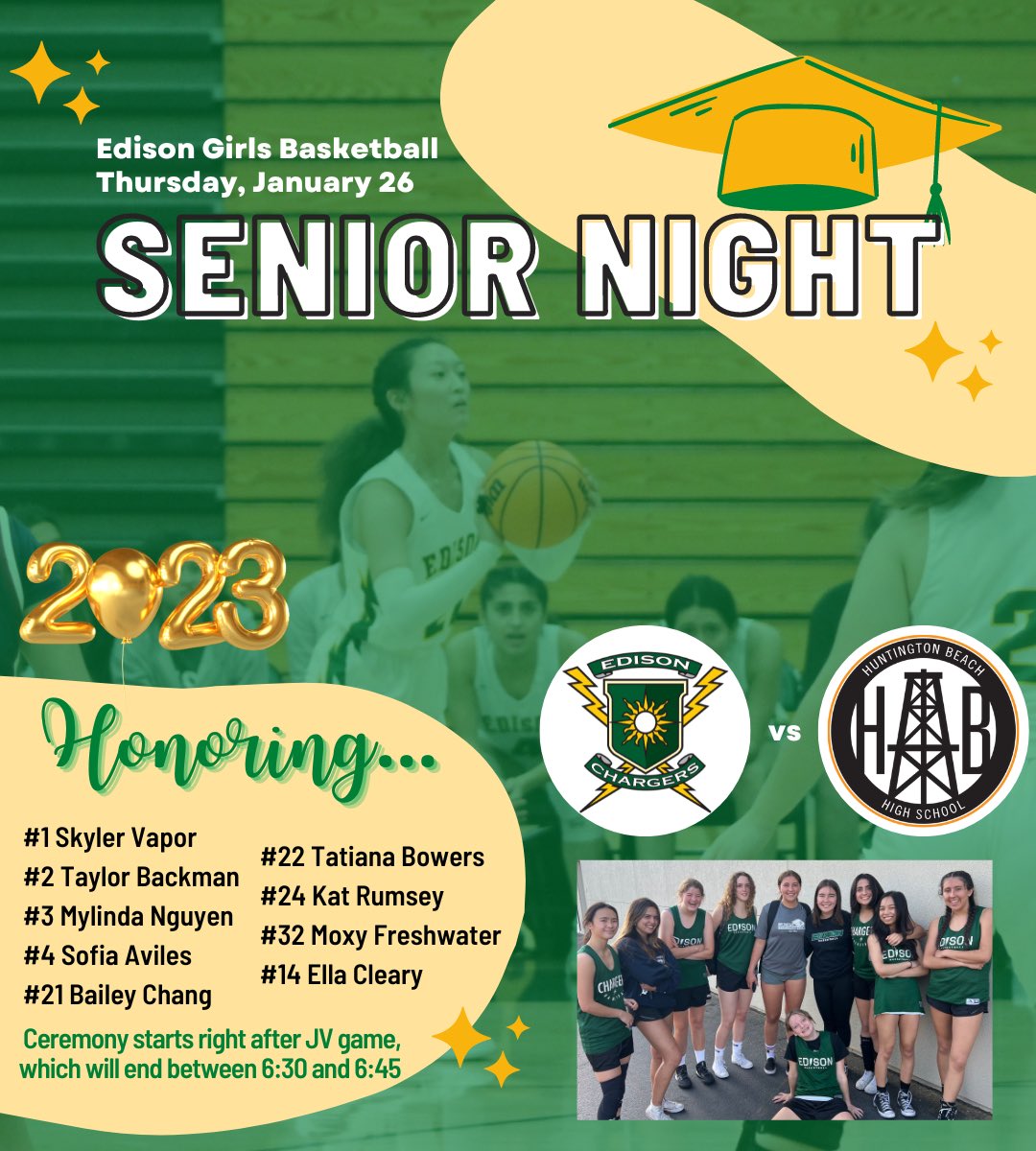EdisonGbb's tweet photo. 🎓SENIOR NIGHT🎓 is tomorrow! Come support our senior girls right after the JV game, which will end between 6:30 and 6:45 pm💚💛 @tlindqui @EdisonSportsNet @richboyce4 @HBUHSD @perryjameslusc @ocvarsity @OCSportsZone @ocvarsityguy @latsondheimer @SteveFryer @ScholSeries https://t.co/dytjD1NS6X