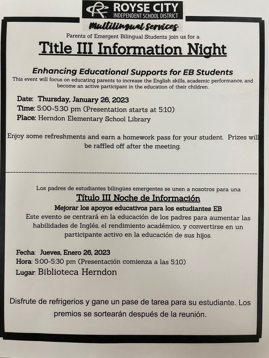 lmartinezclass's tweet image. Herndon Parents/Family of Emergent Bilingual students Earn your student a free homework pass by joining us Thursday, January 26 @ 5:15. We will be discussing TELPAS testing, title III and ways we can support our student at home. We hope to see you there!!