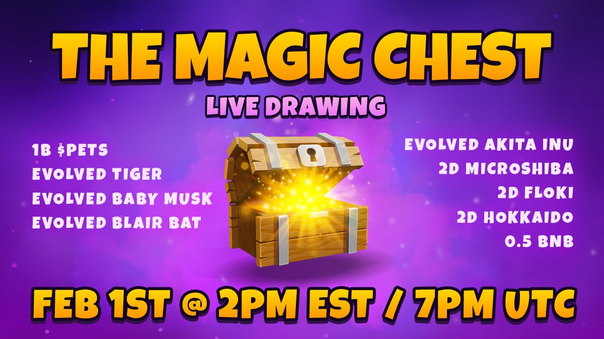 MicroPets_io's tweet photo. It’s that time of the month again #MicroPets 📣🐕 The most anticipated monthly event is coming back:

🚨Feb 1st at 2PM EST🚨

Get your #MagicChest tickets ready 🎟️ 

We may or may not have a cool announcement to make about next months #MagicChestEvent 🫢

https://t.co/OS4bbazZuO https://t.co/wOy3pRFvDQ