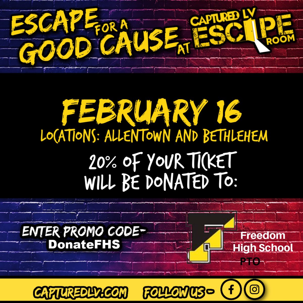 Looking for something fun to start off your President's Holiday long weekend?  Try Captured LV Escape Room with family &amp; friends!  

Save 20% and support Freedom HS PTO!  Book now for Feb 16th!
 <a href="/BASDMsSage/">Ms. Sage-FHS</a> <a href="/BasdFreedom/">FreedomBASD</a> <a href="/FreedomRiotSqu1/">FreedomRiotSquad</a> 
<a href="/BethlehemAreaSD/">BASD</a> <a href="/BASDSUPT/">Joseph Roy (Parody)</a> <a href="/basdjacksilva/">Jack Silva</a>