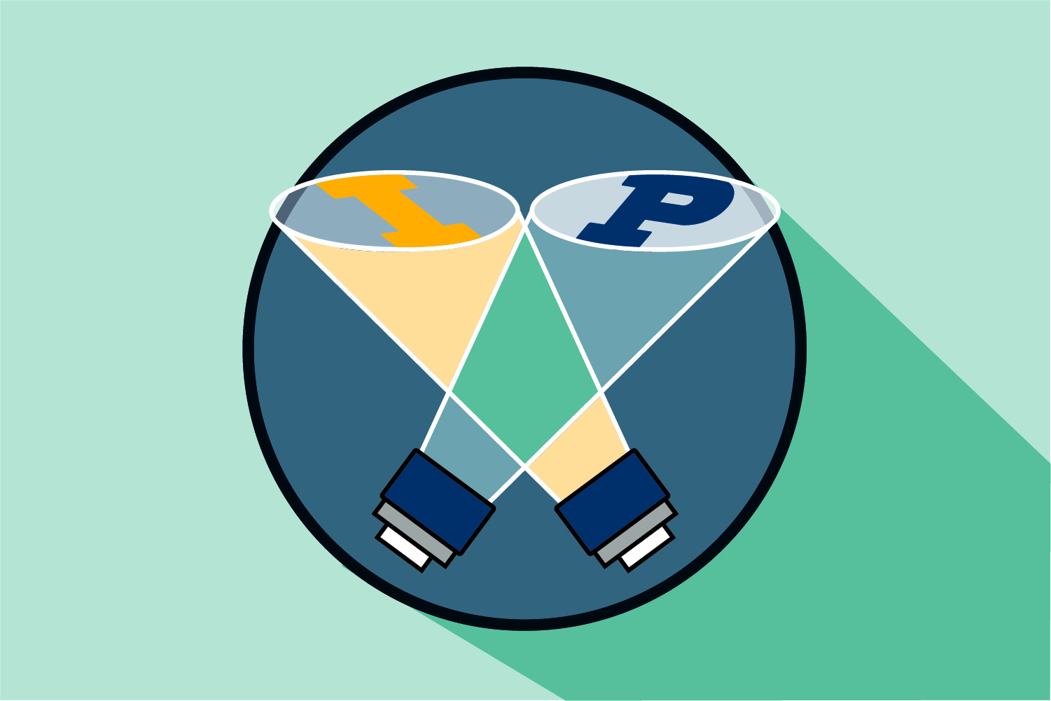 Two crisscrossing spotlights with the letters "I" and "P" in the center 