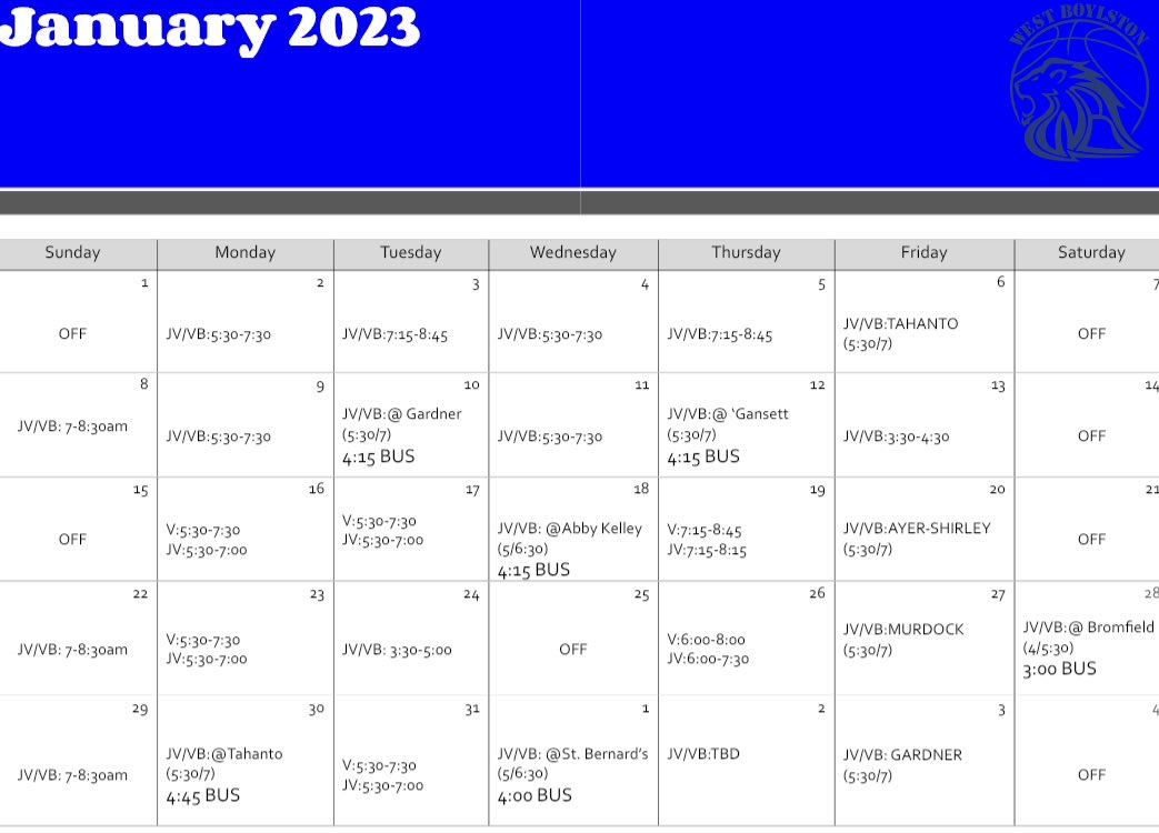 Updated Team Schedule 1/25-1/29

1/25: No Practice (Weather)

1/26:  V 6:00-8:00 (Film 4:30-5:30), JV 6:00-7:30 
        
1/27: vs. Murdock: JV 5:30/V 7:00

1/28: @ Bromfield (4/5:30) 3:00 BUS

1/29: V/JV 7-8:30 AM

Full Month: