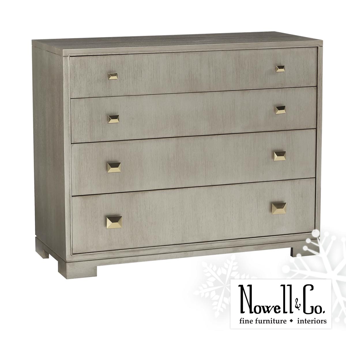 nowellandco's tweet image. This Rives Chest in Silver Fox finish incl four drawers w/ polished Brass hardware features a Metallic silver color that is very refined allowing for translucence to showcase the natural beauty of the wood. Incl a USB charging unit. 19" D x 44" W x 36"h

#drawerchest #nowellandco