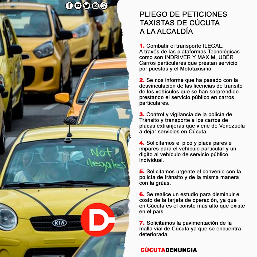 juanpaavendano's tweet photo. Pliego peticiones de ciudadanos a taxistas #Cúcuta
1. Usar taximetro siempre
2. Si usan taximetro, no adulterarlo 
3. Respetar señales tránsito 
4. Respetar al pasajero
5. Música si el pasajero quiere
6. Respetar límites de velocidad
7. No insultar o bajarse a pelear con crucetas https://t.co/9TuaR1o6Pj