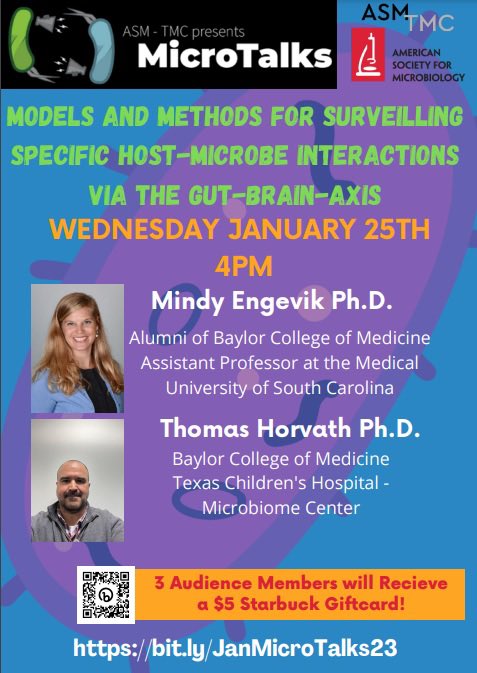 asm_tmc's tweet image. Join us today (1/25) at 4pm for our monthly #MicroTalks featuring #gutbrainaxis research from Drs Mindy Engevik (@micromindy)  and Thomas Horvath  (@AChem_Horvath)! 

Zoom: urldefense.proofpoint.com/v2/url?u=https…

#research #microbiology #asmattmc #seminar #microbiome #gut #gitwitter
