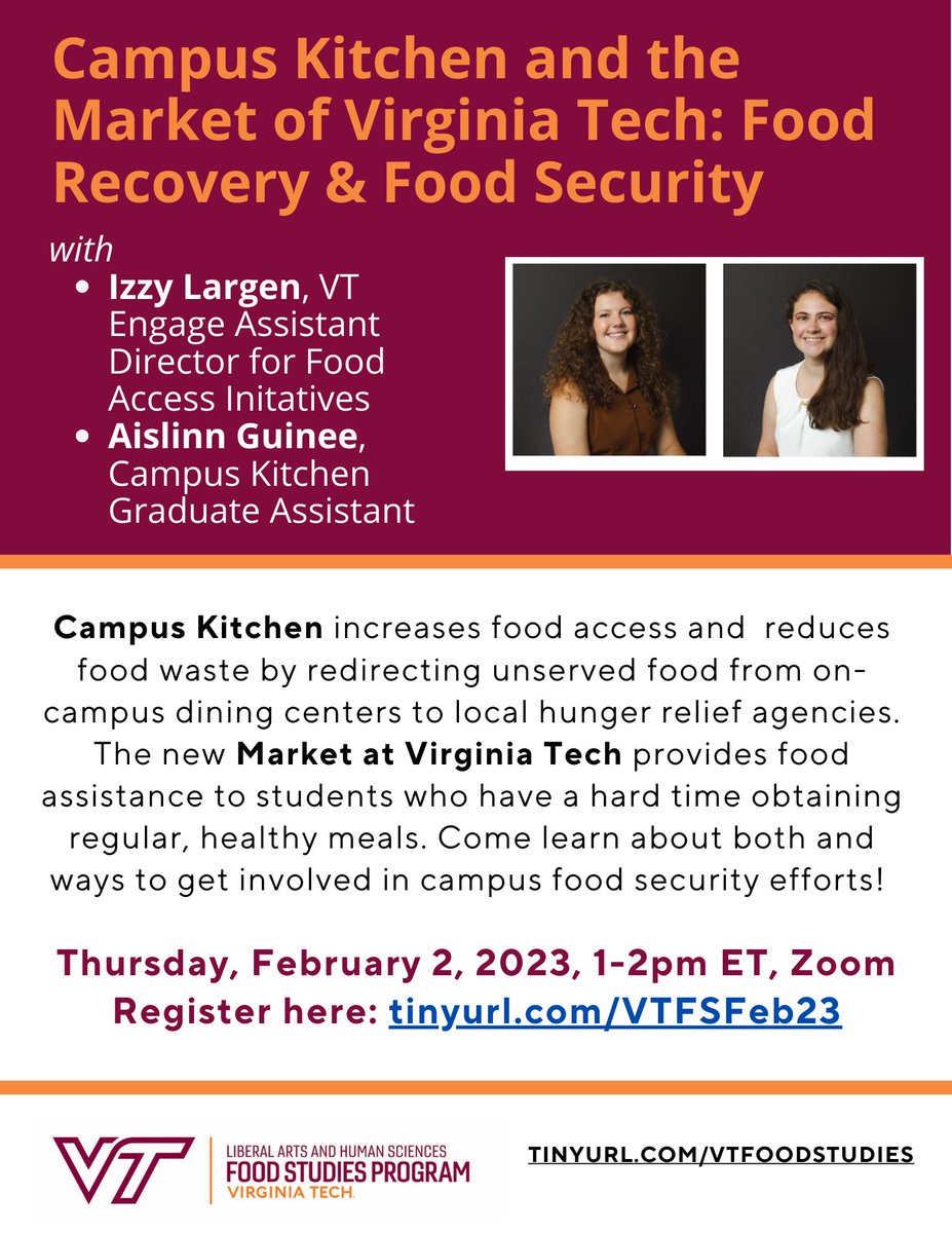 Join us for this virtual conversation about food security efforts at Virginia Tech. We'd love to have students, faculty, and staff join us, along with folks working on food security efforts elsewhere. Please share! tinyurl.com/VTFSFeb23 <a href="/VT_Engage/">VT Engage</a> <a href="/VTFoodScience/">Virginia Tech Food Science & Technology Department</a> <a href="/VTFoodSystems/">Center for Food Systems & Community Transformation</a>
