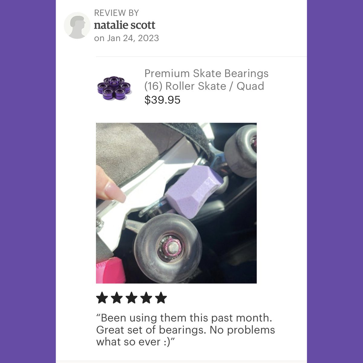 DefiantUpgrades's tweet photo. New friend Natalie S. posted this photo and 5-star review after adding some premium purple Defiant skate bearings to their setup.

Thanks for support, Natalie!

#defiantupgrades #areyoudefgiant #iamdefiant #expressyourindividuality #rollerskate #rollerskating #rollerskates #rolle https://t.co/bcCjMFsBz9