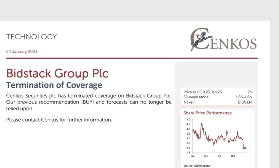 East_Cat's tweet photo. #Bidstack’s  broker Cenkos have terminated coverage stating their previous forecasts and buy recommendation can no longer be relied upon. That’s pretty significant, #Bids actually pay for their services so Cenkos are refusing to represent them. Why…? https://t.co/a4UitvIEbz