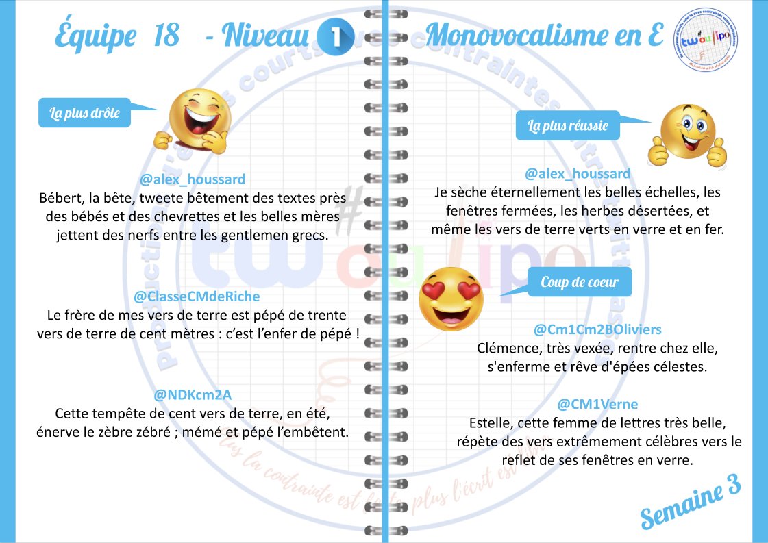 Les élèves révélés de l' #EQ18 en rêvent : voici les résultats de la 3e semaine de #Twoulipo. Bravo pour ces productions de qualité !
<a href="/alex_houssard/">alex houssard</a> @ClasseCMdeRiche <a href="/CM_Brel/">Classe de CM1-CM2</a> <a href="/Cm1Cm2BOliviers/">CM1-CM2-B-Les Oliviers</a> <a href="/CM1Verne/">CM2Verne</a> <a href="/CMDuburcq/">CMDuburcq</a> <a href="/NDKcm2A/">NDKcm2A</a>