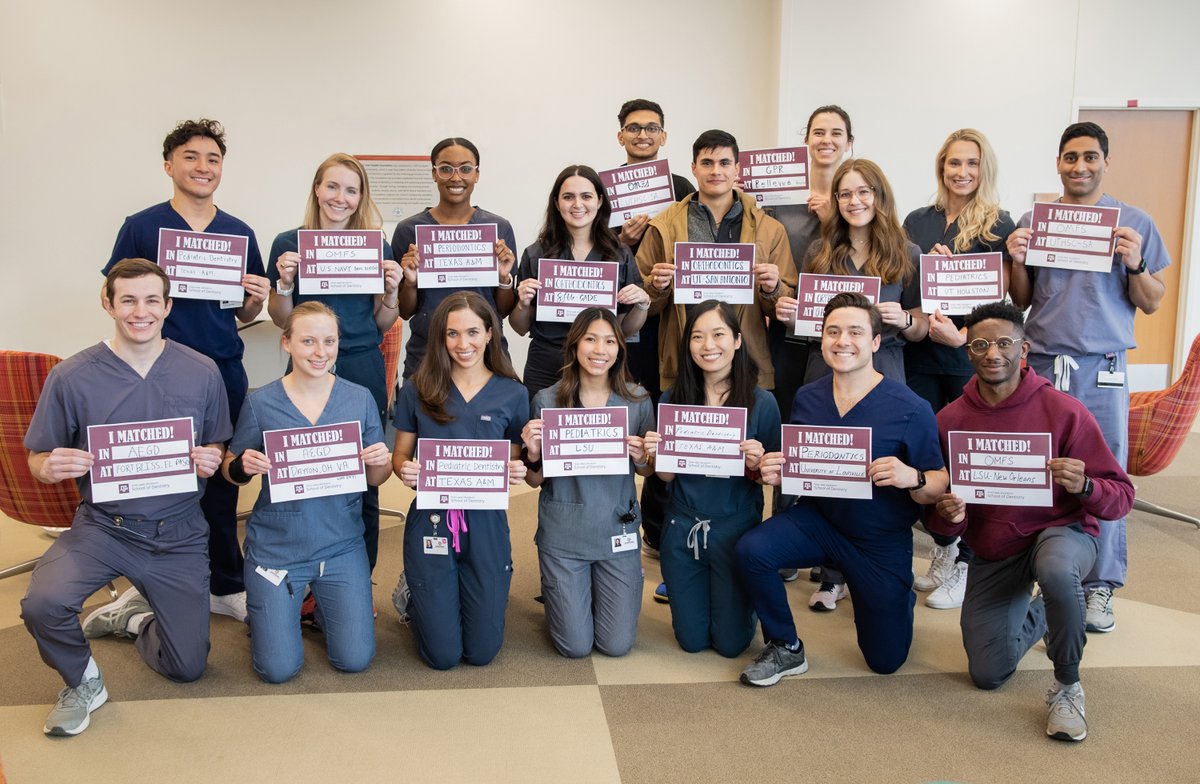 TAMUdental's tweet photo. Congratulations to all Texas A&amp;M School of Dentistry students who matched into a postdoctoral residency program! We’re excited for you and wish you the best as you pursue your respective specialties. Gig’em!  #MatchDay2023 #Aggiedentists https://t.co/DO1qVIUY6X