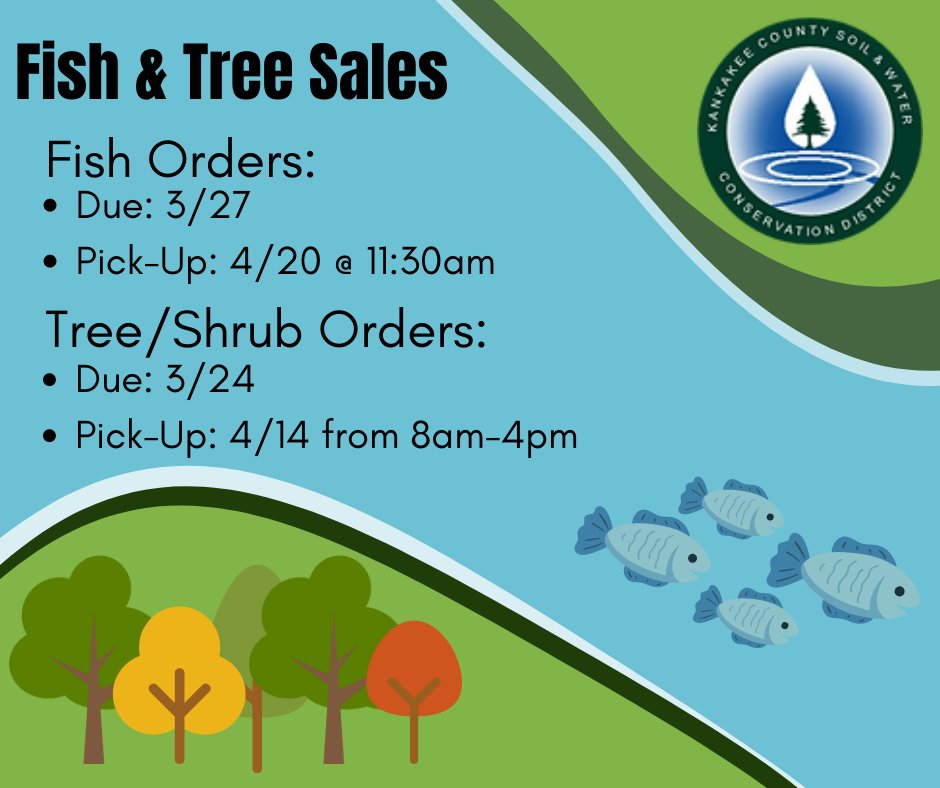 Pond stocking, tree, and shrub sales are live! Order forms can be found at kankakeecountyswcd.org/sales. Exact cash or checks made out to “Kankakee County SWCD” will be accepted. Questions? Call the office at (815) 937-8940 ext. 3. #kankakeecounty #conservation #pondstocking #trees