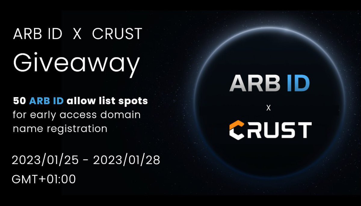 🚨GIVEAWAY🚨
Crust x Arbitrum are giving away 50 allow list spots for early access domain name registration. 
Rules:
1. Follow <a href="/CrustNetwork/">Crust Network</a> and <a href="/ARBIDname/">LeashToken</a> 
2. Retweet and @ 3 friends in the comments
3. Follow the link and complete the Galxe task (link below)👇