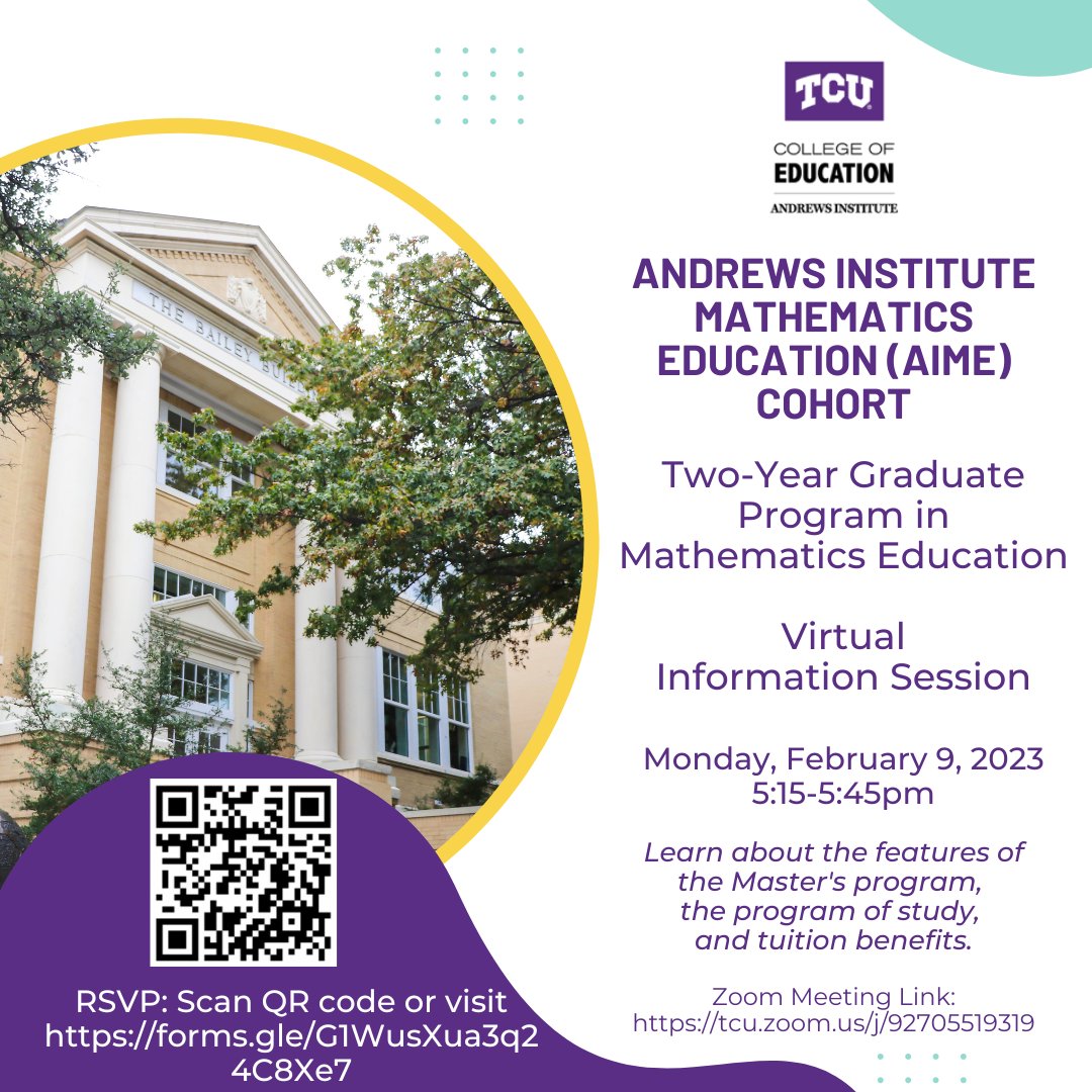 Virtual information session on our <a href="/AndrewsInst_TCU/">Andrews Institute at TCU</a> Math Education Cohort! Feb 9 at 5:15pm - RSVP: forms.gle/G1WusXua3q24C8…