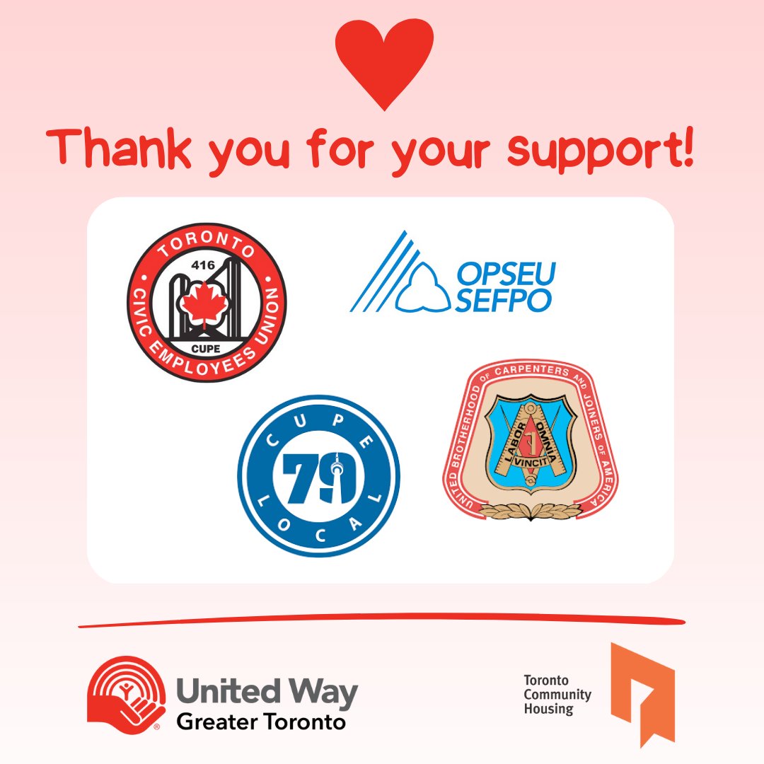 TOHousing's tweet photo. A heartfelt thank you to our union partners @Local416, @cupelocal79, @OPSEU Local 529, and @carpenters27 for their generous contributions to the 2022 @UWGreaterTO campaign organized by #TCHC. Your support makes a real difference! #UnitedWay https://t.co/jJBxdjhFPl