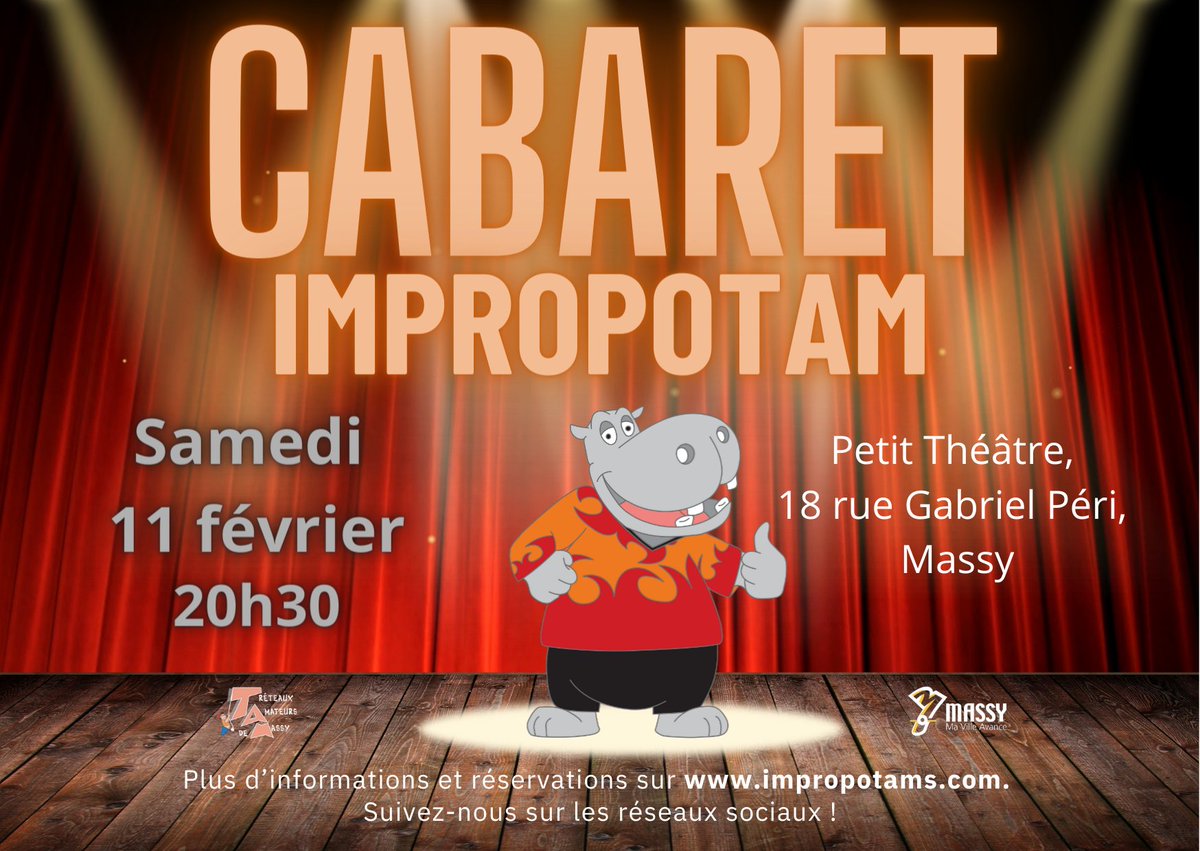 Le 11 février <a href="/villedemassy/">Ville de Massy</a> , on prévoit un superbe cabaret. On prévoit que tu seras là et que tu seras superbe aussi ! :)
<a href="/AffichageMassy/">AffichageLibre Massy</a>
