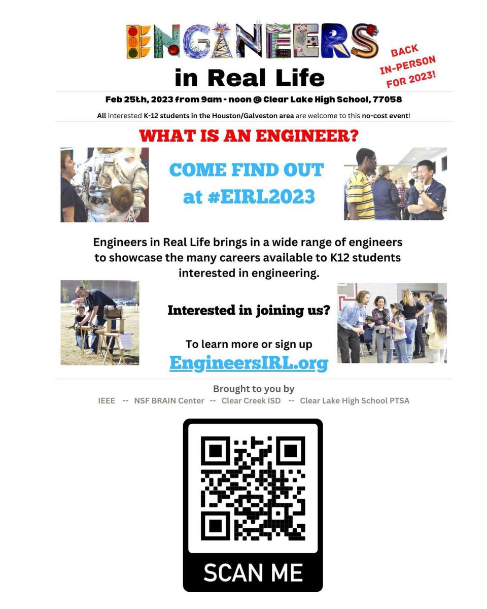 ClearCreekISD's tweet photo. Clear Lake High School PTSA will be co-hosting Engineers in Real Life on Feb. 25 from 9 a.m.-12 p.m. The event is open to all K-12 students from any school who are interested in learning about different types of careers in engineering. Visit https://t.co/UQ41jUMbz6 for more info. https://t.co/4KzkmAaikU
