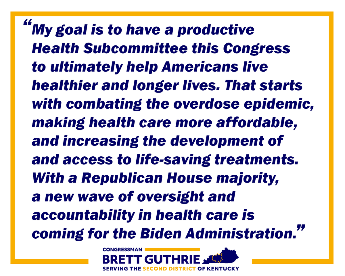 Thanks <a href="/cathymcmorris/">CathyMcMorrisRodgers</a> for selecting me to serve as <a href="/housecommerce/">Energy and Commerce Committee</a> Health Subcommittee Chair. It's an honor &amp; very humbling to be trusted by my colleagues with the responsibility of chairing the health subcommittee that oversees federal health agencies &amp; the health care sector.