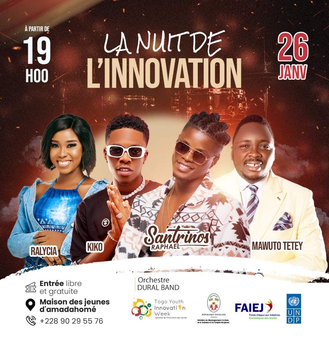 MaximeKOUKPONOU's tweet photo. Rendez-vous demain, 26 janvier à la maison des jeunes d’amadahomé pour un méga concert dénommé "LA NUIT DE L'INNOVATION". Venez massivement pour célébrer l'innovation de la jeunesse dans la diversité 👌
🛂 Accès libre et gratuit
#innovtg #semainedel’innovationtogolaise https://t.co/8wXVWQ7ZbJ