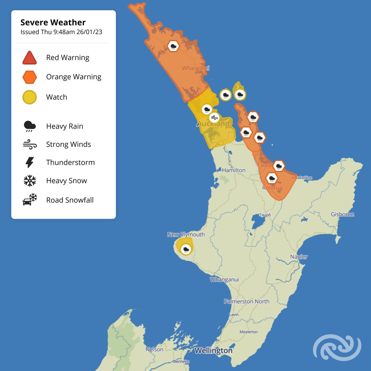 MetService's tweet photo. 🌧 Severe Weather Incoming 💨

The start of the Auckland Anniversary weekend kicks off with severe weather.

If you were planning to get away on Friday it might be worth delaying.

Blustery winds and heavy rain increases the risk of travel delays, especially around Coromandel. https://t.co/xeLn9O2QZg