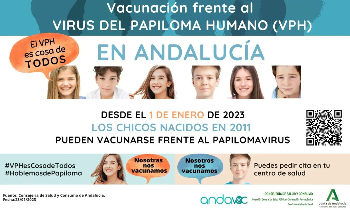 CSPalmilla's tweet photo. "El VPH es cosa de  todos" Este año se introduce la vacunación contra el Virus del Papiloma Humano para chicos en el calendario vacunal. Nacidos en 2011 pueden solicitar cita para vacunarse. #vᴀᴄᴜɴavph #andaluciasevacuna  #andavac #VPHesCosadeTodos #HablemosdePapiloma https://t.co/Mwg8OUyrFY