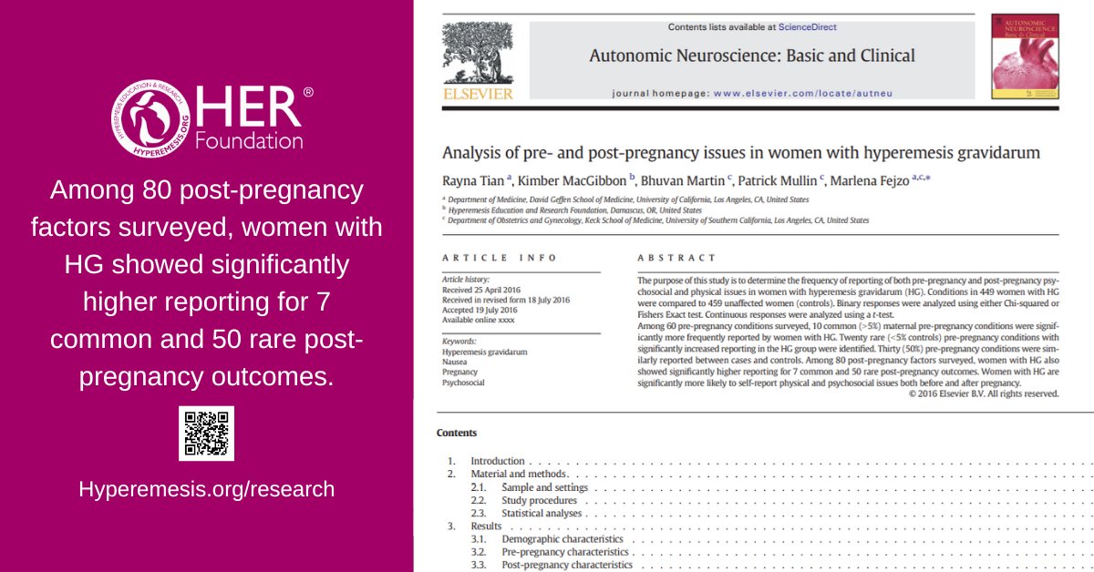 Among 80 post-pregnancy factors surveyed, women with HG showed significantly higher reporting for 7 common and 50 rare post-pregnancy outcomes. Read the full study: Hyperemesis.org/HER-Research/d…

#hyperemesisgravidarum #pregnancy #maternalmorbidity #maternalhealth #research