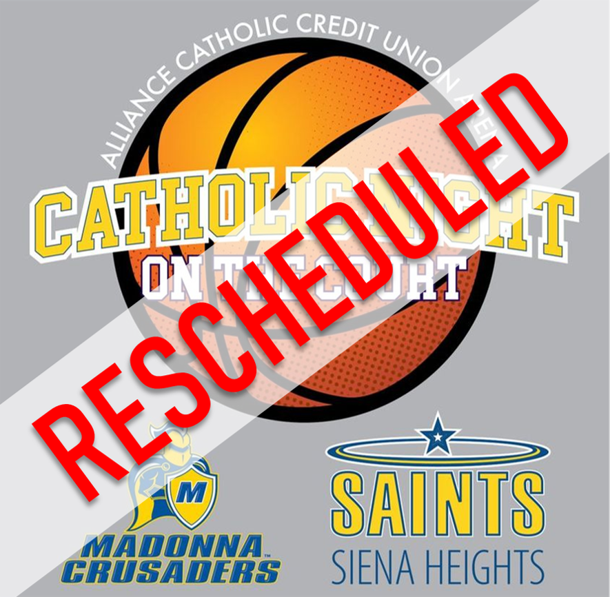 AllianceCathCU's tweet photo. The first annual Catholic Night on the Court basketball games have been RESCHEDULED for TOMORROW, Thursday, January 26, 2023.

The games feature the @MadonnaU Crusaders versus the @sienaheightsu Saints.

The women's team will play at 5:30pm and the men's team will play at 7:30pm. https://t.co/yHkaVEBqBG